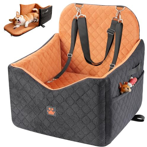 Dog Car Seat for Small/Medium Dogs Up to 35lbs, Puppy Car Seat with Thick Cushion, Detachable Washable Dog Carseat with Storage Pockets, 2 Safety Belts (Brown)