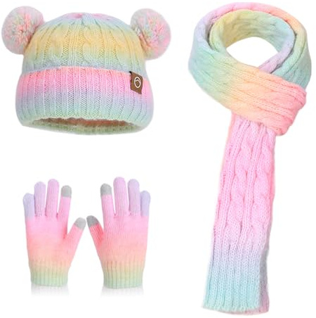 AYPOW Enfant Hiver 3 en 1 Ensemble Bonnet Echarpe Écran Tactile Gants 4-10 Ans, Chaud Tricoté Dégradé Pompon Chapeau Tour de Cou Gants avec Doublure,Épaissir Accessoires Hiver Set pour Fille Garçon