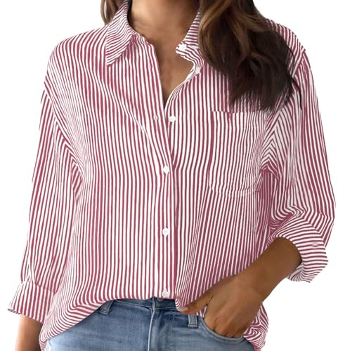 Oversized Shirts for Women Womens Striped Button Down Shirt Classic Casual Roll Up Long Sleeve Collared Cotton Blouse Loose Office Business Work Blouses Dressy Going Out Tunic Tops with Pocket Red L