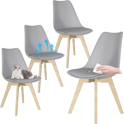 JMGJOY Esszimmerstuhl Küchenstühle 4er Set Schalenstuhl Upholstered Kunstleder Essstühle mit Massivholz bis 160 kg Skandinavisches für Esszimmer Küche Wohnzimmer Schlafzimmer Büro (Grau-4er Set)