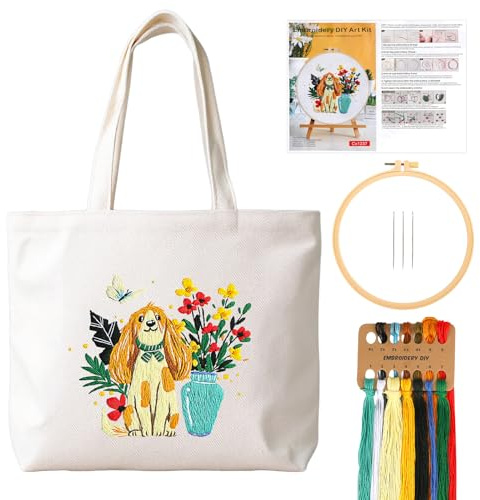 JSRQT Perro Kit de Bordado Bolso de Lona, Kit de Inicio Punto Cruz con Estampado de Flores para Principiantes Adultos, Bordado Hecha a Mano para Amantes Manualidades, con Instrucciones, Aguja e Hilo