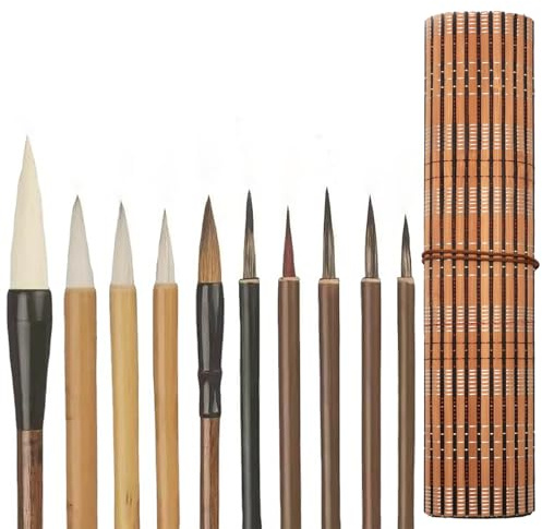 VOSO Chinese Calligraphy Brush Set 10 Pcs, Sumi Ink Painting Brushes with Roll-Up Bamboo Holder, Kanji Writing Watercolour Art Brushes for Beginners and Students
