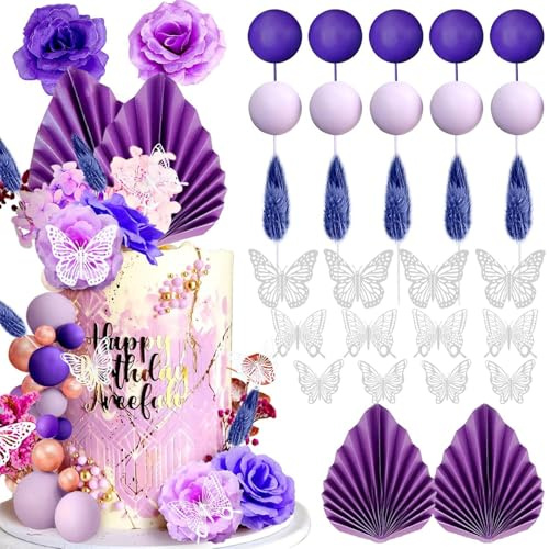 BSITSSS 33 Pcs Decoracion Tarta Rosas, Moda Decoración Tarta de Bolas, Mariposas Adornos de Bolas para Pasteles, Hojas de Palmera Multicolor Adornos no Comestibles para Tartas