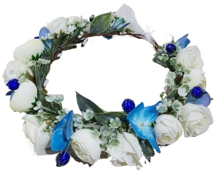 Hårband med konstgjord blomsterkrans Faux blå vit blommig krona brud hår pannband(Style1)