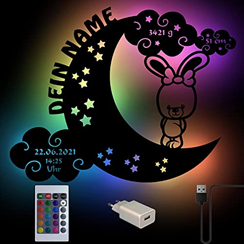 Hase auf Mond Baby-Geschenke Schlummerlicht personalisiert mit Namen zur Geburt & Taufe für Mädchen & Jungs I Nachtlicht mit warm-weiß LED oder RGB Lichterkette