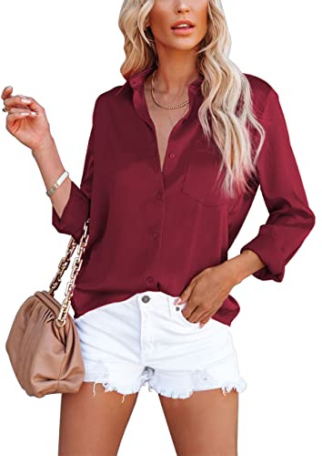 Homlan Damblus elegant v-ringad satin långärmad casual toppar lös skjorta enfärgad lös långärmad skjorta med bröstficka, Rött vin, M