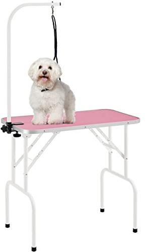 costoffs Foldable Dog/Cat/Pet Grooming Table Trimming Table with Adjustable Arm Folding Legs&Waterproof Surface Maximum Capacity Up to 100KG, Pink