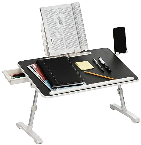 PATIKIL Sängbricka för laptop, 58 x 37 cm, vikbart knäskrivbord med låda, justerbart sängskrivbord för laptopsäng, arbete, äta, skriva, spel, rita, grått