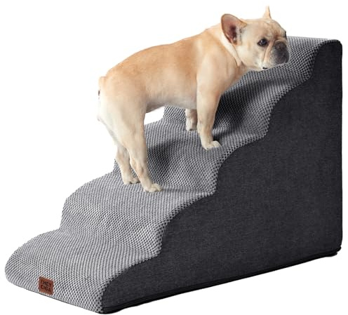 EHEYCIGA Escalera para Perros Pequeños 5 Peldaños, 40x83.5x57 cm, Rampa para Perros de Espuma para Cama Alto y Sofá, Escalera para Mascotas Mayores con Funda Lavable y y Fondo Antideslizante, Gris
