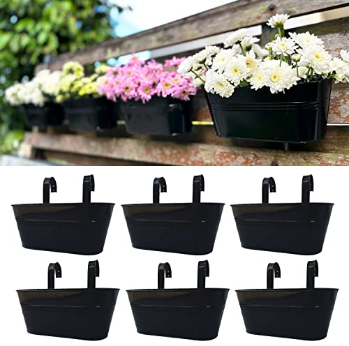 LaLaGreen Outdoor Plants Rail Planter Plants (6 Pack, 11.2 Inch) Black Metal Iron Hanging Flower Pots Deck Railings Fence Buckets Modern Style Wall Mount Window Box Plant Holder with Hooks Porch Decor