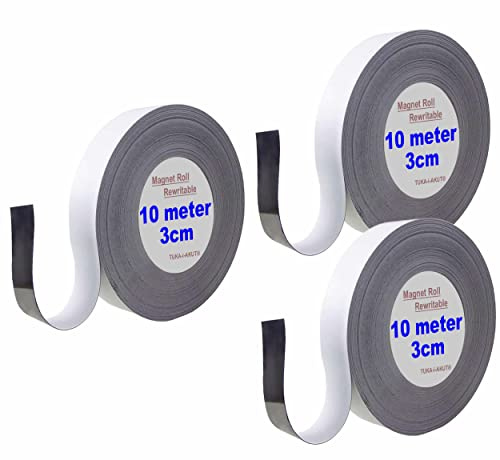 TUKA 30m x 30mm x 1mm Nastro Magnetico per Etichettare, Riscrivibile Ritagliabile Cancellabile Banda Magnetica Segni di Identificazione, per Lavagna Bianca Frigorifero Mensole. 3x10m Bianco TKD9046