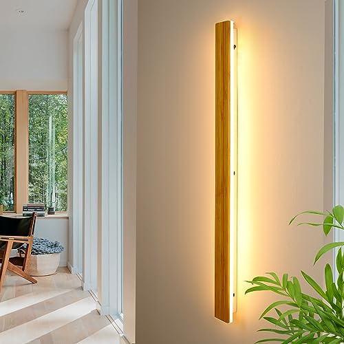 Holz Wandleuchte LED Wandlampe innen Bambus Holz Lange Wandlampe Warmweiß 35W 3000k holzlampe Modern Wandbeleuchtung Für Schlafzimmer Wohnzimmer Flur Treppenhaus Innenbeleuchtung Wandlampen,115cm