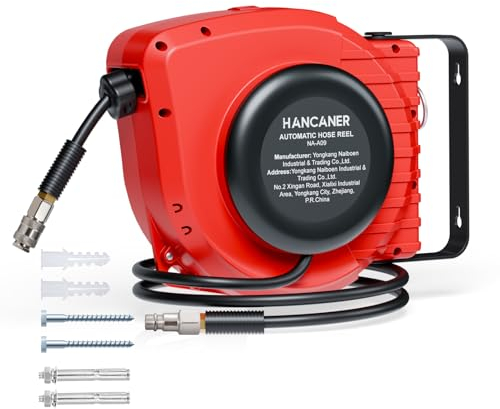 Hancaner Carrete de Manguera Neumática,15 m + 1,5 m Enrollador De Manguera De Aire Comprimido Carrete Automático, Conector de 1/4,Máx. 350 PSI/24 Bar,Soporte Giratorio de 180°,Tope Final Ajustable