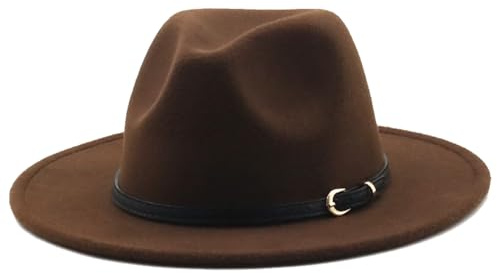 Heyann Chapeau Fedora Femme Homme Classique avec bord large avec boucle de ceinture en feutre Unisexe Chapeau Trilby Homme Chapeau Panama Jazz pour Femme Homme, café, M