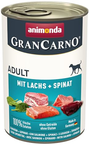 animonda GranCarno Hunde Nassfutter mit Lachs + Spinat (6 x 400 g), getreidefreies Hundenassfutter ohne Zucker, für ausgewachsene Hunde, mit frischen fleischigen Zutaten