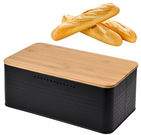 Brotbox Schwarz Bambus, Brotkasten mit Großer Kapazität, 33x18x13,5cm, Brotkasten mit Schneidebrett Groß, Brot Aufbewahrungsbox aus Metall, Moderne Brotbox zur Brotaufbewahrung Gebäck Backwaren