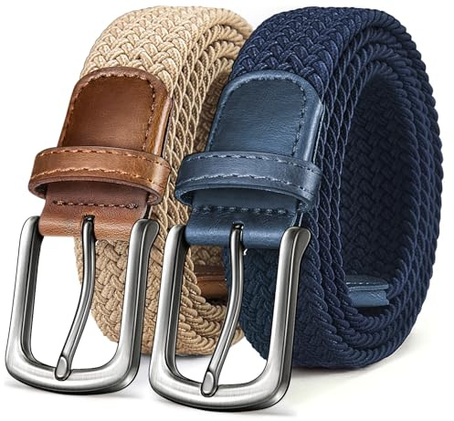 KEMISANT Cintura Uomo 2 Pezzi, Cinture Elastica Intrecciata da Uomo e Donna,35mm(Beige/Blu Antico,105cm/30-34vita regolabile)