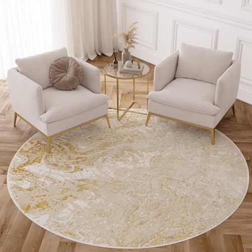 TAPISO Crystal Rund Teppich Kurzflor Glänzend Beige Gold Marmoreffekt 3D Effekt Wohnzimmer Schlafzimmer Modern Design ÖKO-TEX 120 x 120 cm