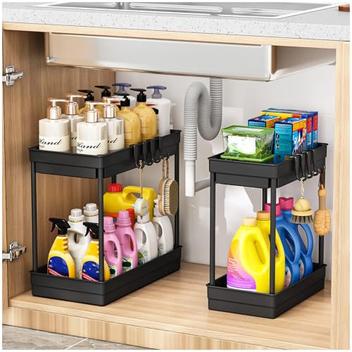 ARSTPEOE Unter Waschbecken Regal - Küchen Organizer - 2 Etagen Schrank Organizer mit 8 Haken, Spülbecken Organizer für Küche, Badezimmer Organizer, Schwarz, 2 Packungen