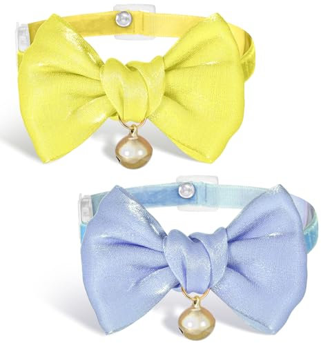 2Pcs Cat Collar mit Glöckchen und Fliege Verstellbares, Katzen Halsband aus Hochwertigem Milchseide, Mit Abnehmbarer Schleife und Sicherheitsverschluss Hoher Bekanntheitsgrad（Gelb und Blau）