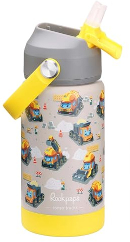 rockpapa 14oz Kids Stainless Steel Water Bottle with Straws, Constr Trucks
