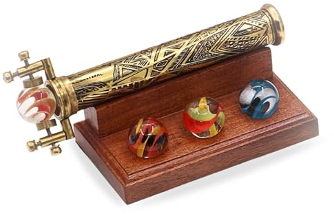 YVCrafts Caleidoscopio grande de latón con cuatro canicas de vidrio intercambiables, mármol retro vintage con soporte de exhibición de madera dura