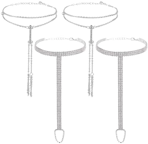 CABODYALS 4 pz 2 stili Sandali A Piedi Nudi Cavigliera Catena Gioielli Piede Donne Lega Boho Argento Strass Cristallo Estate Spiaggia Cavigliere Braccialetto con Anello per Le Dita Dei Piedi per Le Do