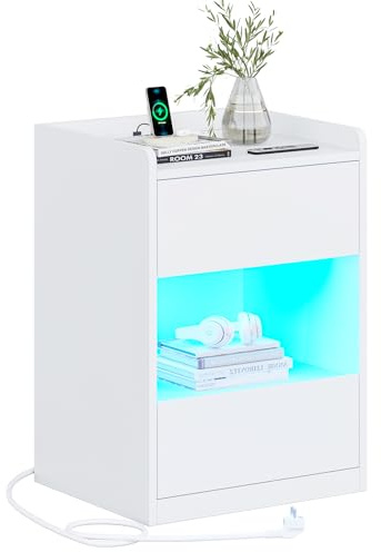 AOGLLATI Table de Chevet LED avec Multiprise, Table de Nuit Bois avec 2 Tiroirs et 1 Compartiment Ouvert, Chevet de Lit avec Station de Recharge, Blanche, 40x35x60cm