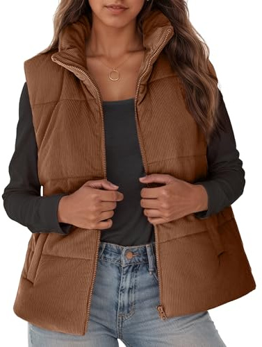 FEOYA Gilet Femme Doudoune Chaud Veste Matelassée Zippé Manteau Automne Hiver Manteaux sans Manche Waistcoat avec Poches Marron XXL