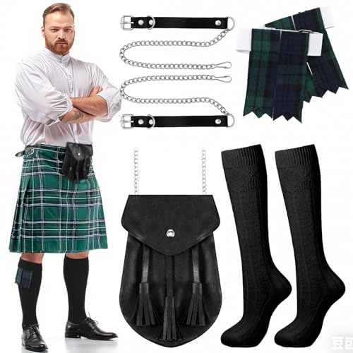 Arrowbash 3 Pcs Men Scottish Kilt Accessories Irish Traditional Scottish Socks Tartan Hose Flashes Sporran(Not Include Kilt)(Dark Tones)