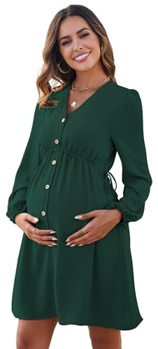YesFashion Abito premaman da donna, a maniche corte, per allattamento, elegante scollo a V, con bottoni, Verde scuro-L, L