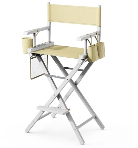 Bonnlo Make Up Chair Professional for Makeup Artist 78cm Hight, Directors Chairs Folding, with Portable Storage Side Bags & Footrest, Solid Hardwood & Polyester, Beige