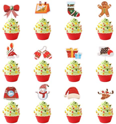 sulanmo 36PCS Cupcake Toppers Noel, Décorations de Gâteau Noël Animées, Topper de Petit Gateau, Dessert, Cupcake, Decoration de Table de Noël