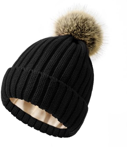 Century Star Womens Satin Lined Winter Beanie with Detachable Faux Fur Pom Pom, Warm Knit Cuffed Hat for Cold Weather Black One Size