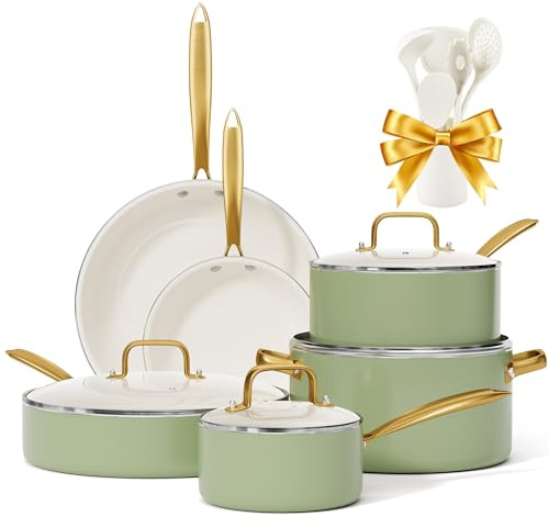 RIOVARM Non Stick Pot and Pan Set with Lids, Ceramic Cookware Set for Induction Hob, Non Toxic Frying Pans, PFOA Free Sauce Pans, Casserole with Spatulas, Saute Pan Suitable for All Stoves