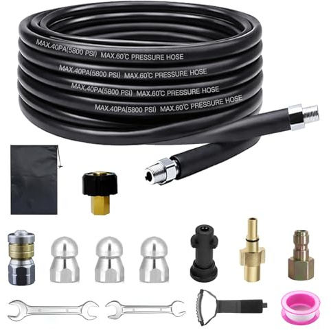 Manguera de limpieza de tuberías de 10 m para limpiador de alta presión, juego universal con boquillas y adaptadores, 200 bares, apto para limpiadores de alta presión Karcher K2-K7 y Bosch, para tubo