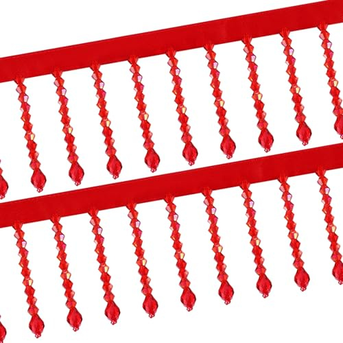 QUARKZMAN 1 Yarda De Cinta De Flecos Con Cuentas De Cristal, Flecos De Cristal De 2.4 Con Cuentas De Estrás Para Cortinas Pantallas De Lámpara Vestidos Decoración De Bodas, Rojo Brillante