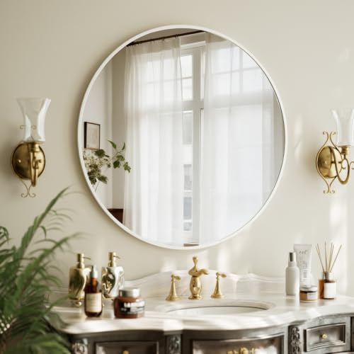 BEAUTYPEAK Specchio rotondo da 90 cm, specchio da parete infrangibile con cornice in alluminio, specchio da bagno da appendere e appoggiare, rotondo da parete per camera da letto, bagno, soggiorno