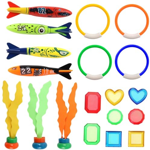 Yhjxly Juego de 19 juguetes de buceo subacuáticos para niños, anillos de buceo, torpedos, tesoros piratas, algas, fiesta de verano en la piscina, regalo para niños y niñas a partir de 4-12 años