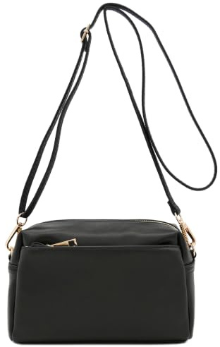 FashionPuzzle Triple Zip Small Crossbody Bag (Black)