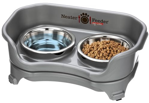 Neater Feeder Express Mess Proof Cat Bowls Elevated, No Spill Feeding Station, Stainless Steel Dishes for Food and Water, Raised Bowls for Indoor Cats, No Fatigue Whisker Friendly Dish, Grey