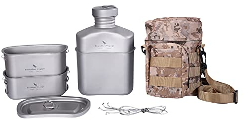 iBasingo Set Di Tazze Per Mensa Militare Con Fiaschetta In Titanio Bottiglia D'Acqua Tipo Rene Da 1100ml Set Da Cucina Per Bollitore Da Esterno Pentole Da Campeggio Con Borsa Mimetica