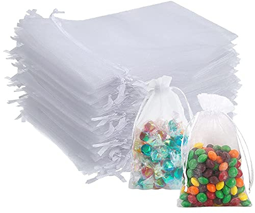 Premium genomskinliga organzapåsar, 50 st 13 x 18 cm medelstora organza-presentpåsar, bröllop favoritväskor med dragsko, smycken presentpåsar för bröllopsfest festival spel (vit)
