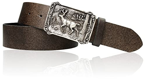 FRONHOFER Trachtengürtel aus echtem Leder 4 cm breit mit silberfarbener Schnalle Hirsch im Wald 7,5x5,5 cm Größen 95-125 Druckknopfsystem wechselbare Schnalle Landhausmode Made in Germany