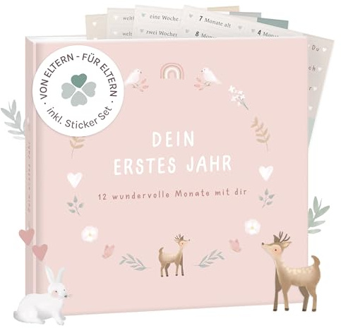 mintkind® Mein erstes Jahr Babyalbum Blumen rosa – zartes Babytagebuch mit 176 Seiten und Sticker-Set für liebevolle Erinnerungen im ersten Lebensjahr, Hardcover 21 x 21 cm