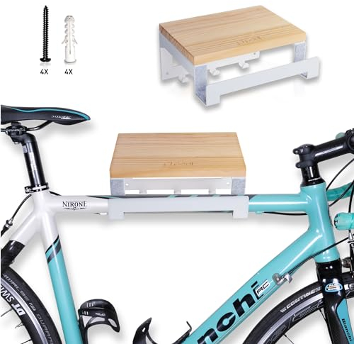 pedl® Fahrrad Wandhalterung - Design Fahrrad Aufhängung aus Stahl & Holz für Rennrad, Fixie, E-Bike, Mountainbike - Indoor Fahrradhalterung für Wohnung, Wohnzimmer, Garage - mit Regal und Haken (Weiß)