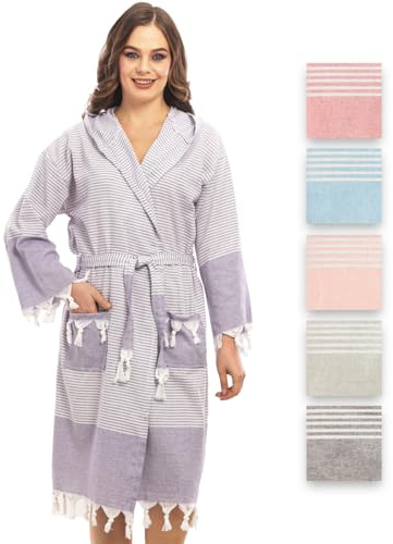 Heré Mood Badrock av hamam-handduk, bastuhandduk, för kvinnor för ultimat lyx, med bälte och huva – lång form damer lätt och modern, lila, S-M tall