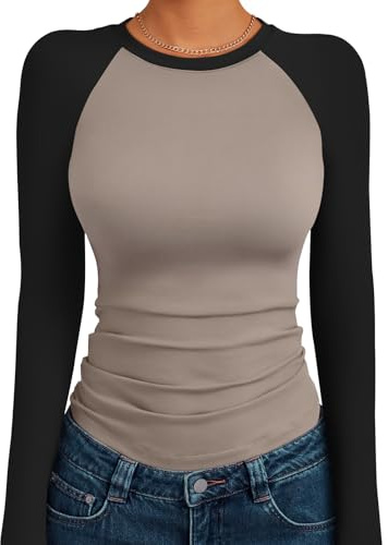 Trendy Queen Womens Long Sleeve Shirts 2025 Fall Fashion Outfits Clothes Slim Fitted Basic Tee Going Out Crop Tops Cute Y2k Teen Girl Color Block T Tshirts Clothing