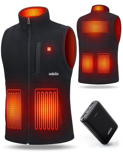 UNBON Veste Chauffante Homme, Gilet Chauffant Homme avec Batterie USB 10000mAh Électrique, Veste Polaire Chauffante avec 3 Températures 6 Zones de Chauffage sans Manche pour Moto Chasse, Noir, S