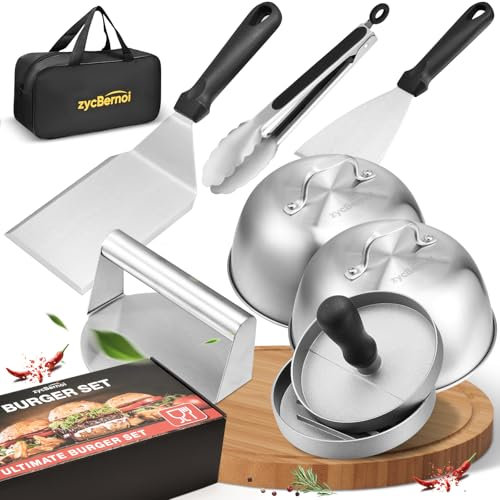 Smash Burger Set for Plancha, Grill Plate, Gas Grill or Grill, 2 Burger Bells, Patty Press, Patty Smasher, Patty Turner, Barbecue Tongs, The Set